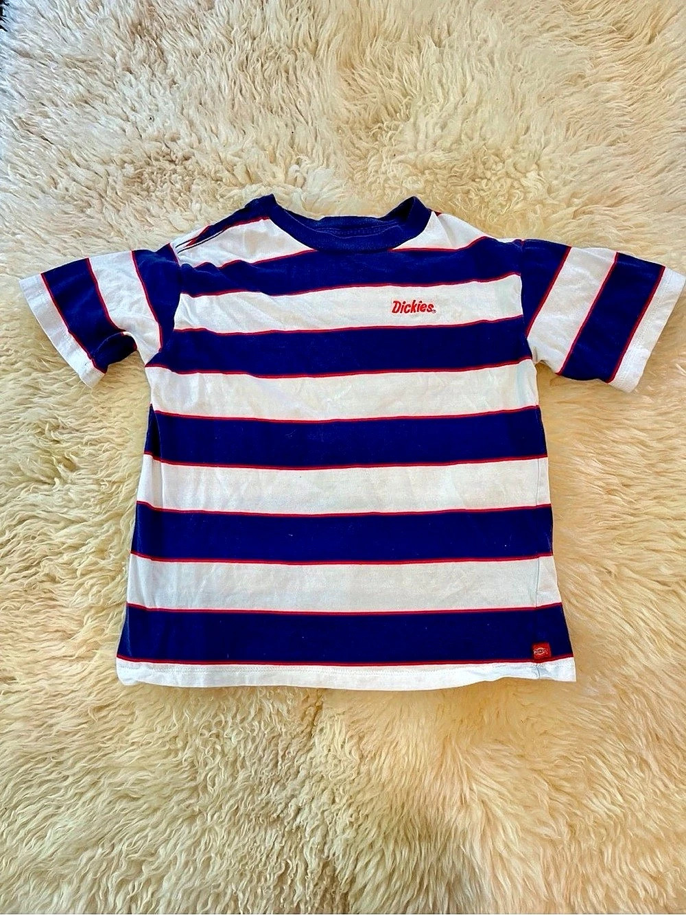 Dickies Shirt Womens Small White Blue Striped Short Sleeve Crew Neck Pullover
